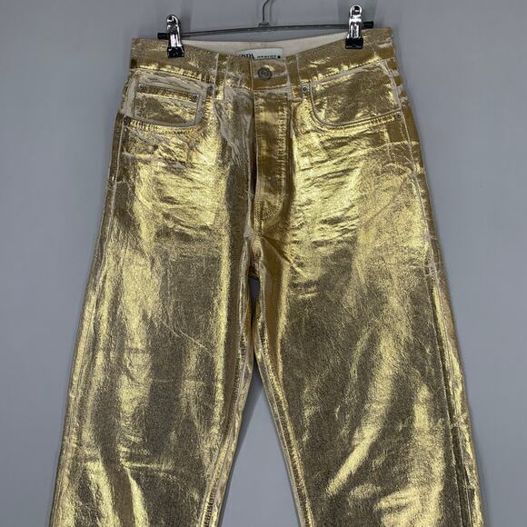 Zara Women Gold Jeans Size 4 Metallic Straight Leg Pant 32" - Picture 2 of 8